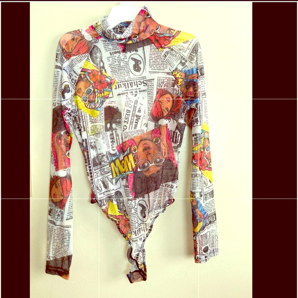 New mock neck graphic newspaper bodysuit